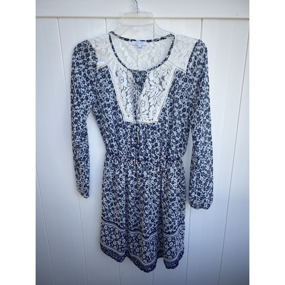 Delias Womens Peasant Style Dress Floral Boho Blue Semi Sheer Tassels Sz XS
